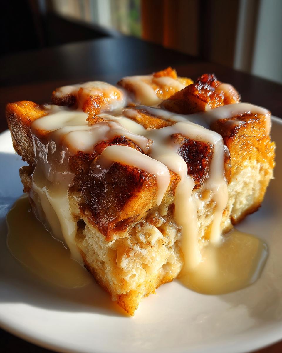A close-up of a serving of cinnamon roll style bread pudding drizzled generously with white vanilla glaze.