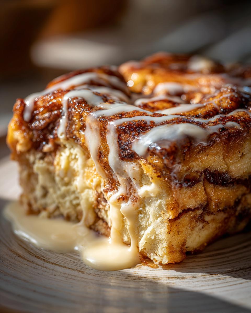 A close-up of a serving of cinnamon roll french toast, heavily drizzled with thick white icing.