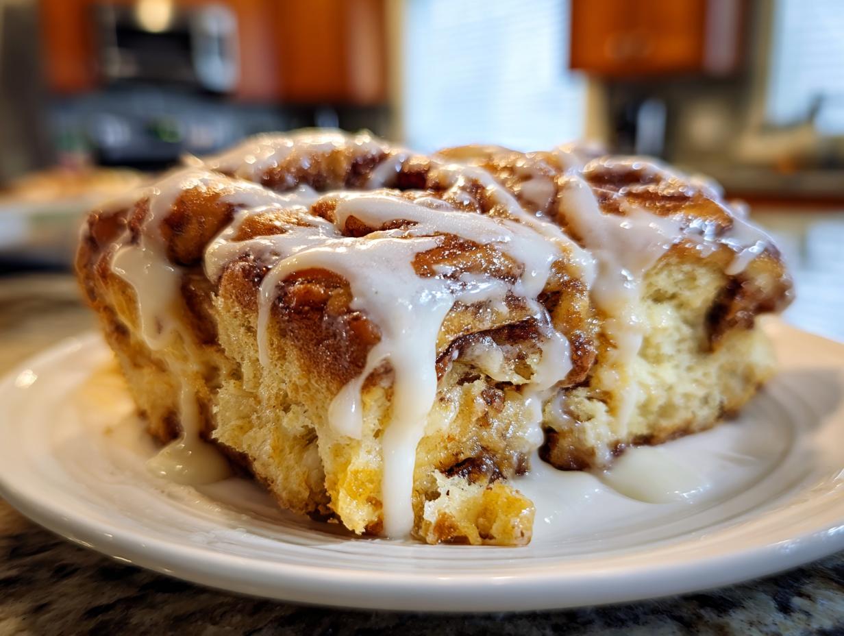 A single serving of decadent cinnamon roll french toast dripping with sweet white icing on a white plate.