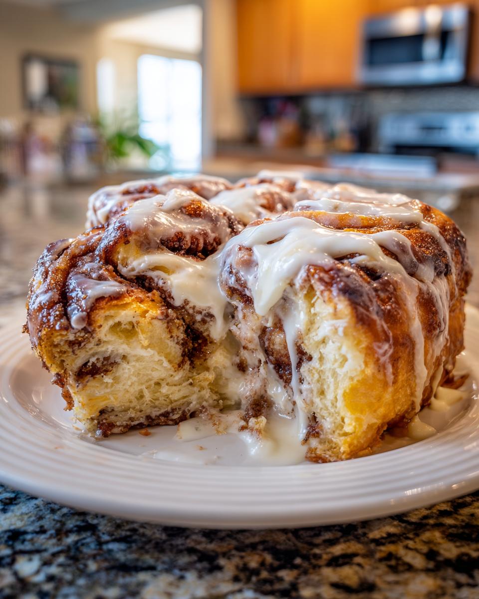 Close-up of gooey cinnamon roll french toast, cut open to show the soft interior and dripping vanilla icing.