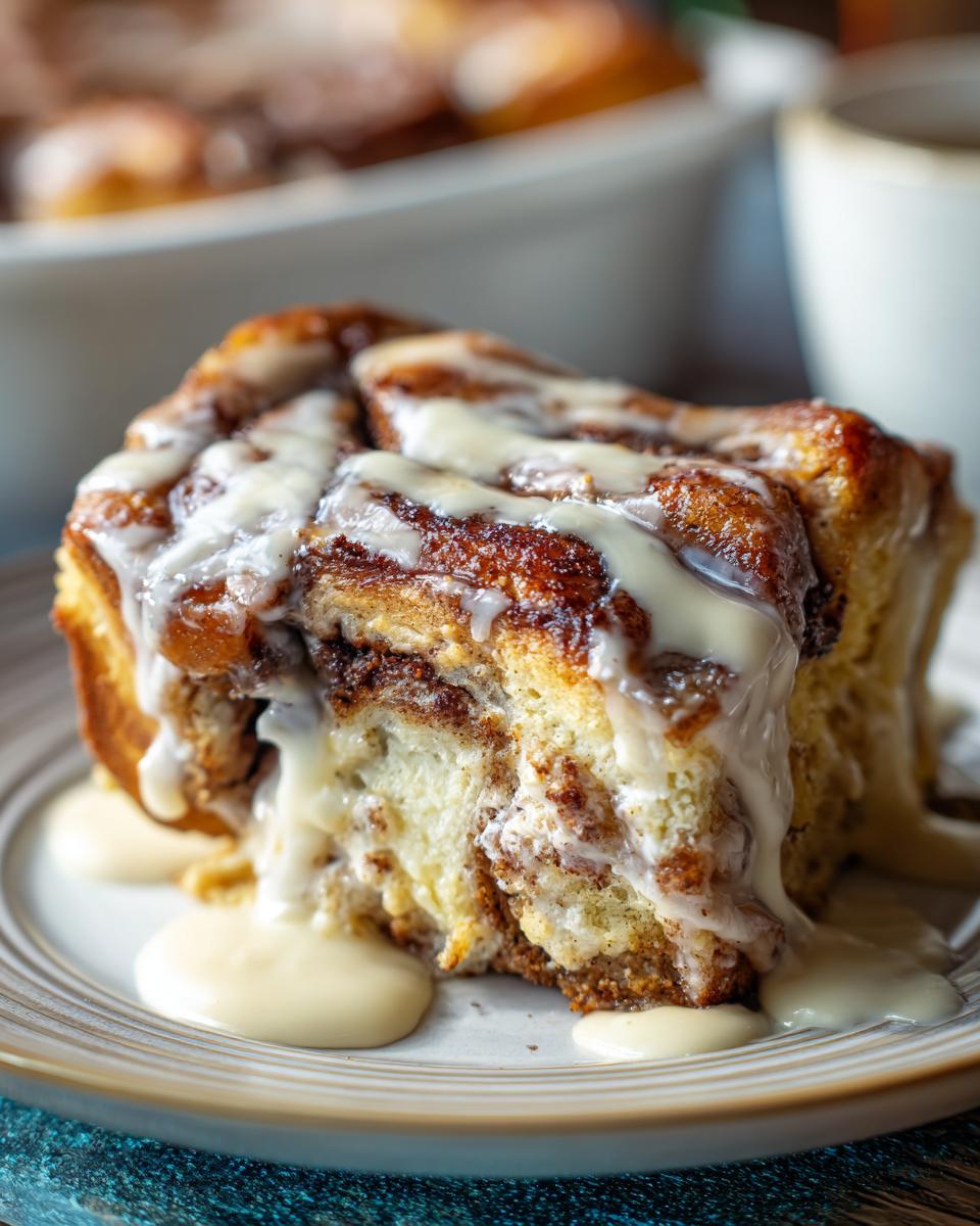 Close-up of a serving of cinnamon roll french toast drenched in vanilla icing.