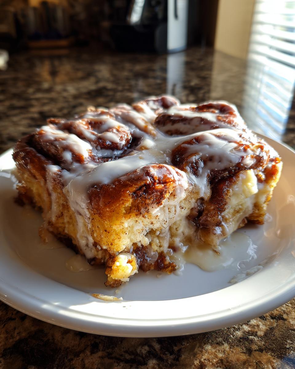 A close-up of a square serving of cinnamon roll french toast, drenched in white icing, sitting on a white plate.