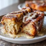 A close-up of a thick slice of cinnamon roll french toast, dripping with vanilla glaze icing.