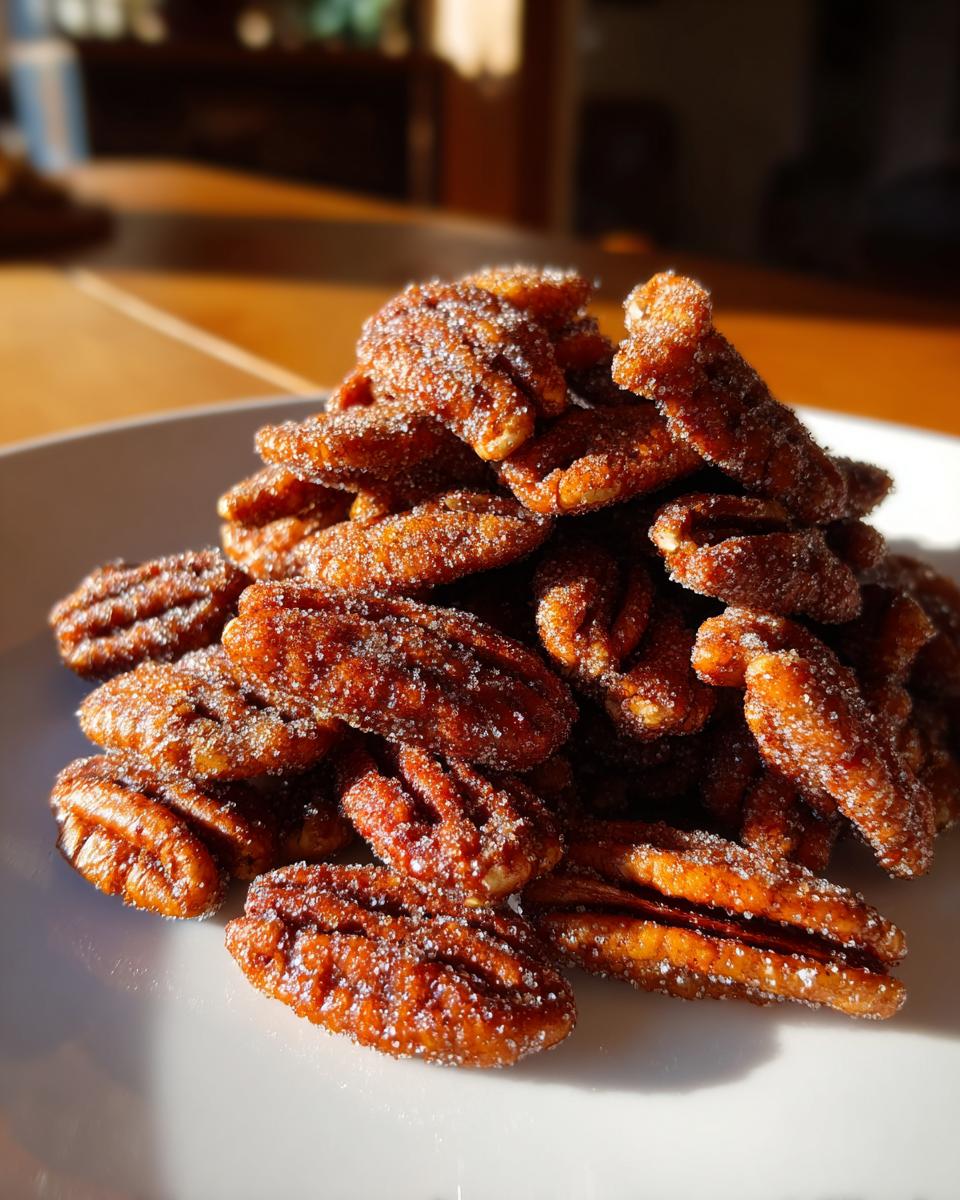 A close-up, sunlit pile of freshly made cinnamon sugar pecans glistening with sugar crystals on a white plate.