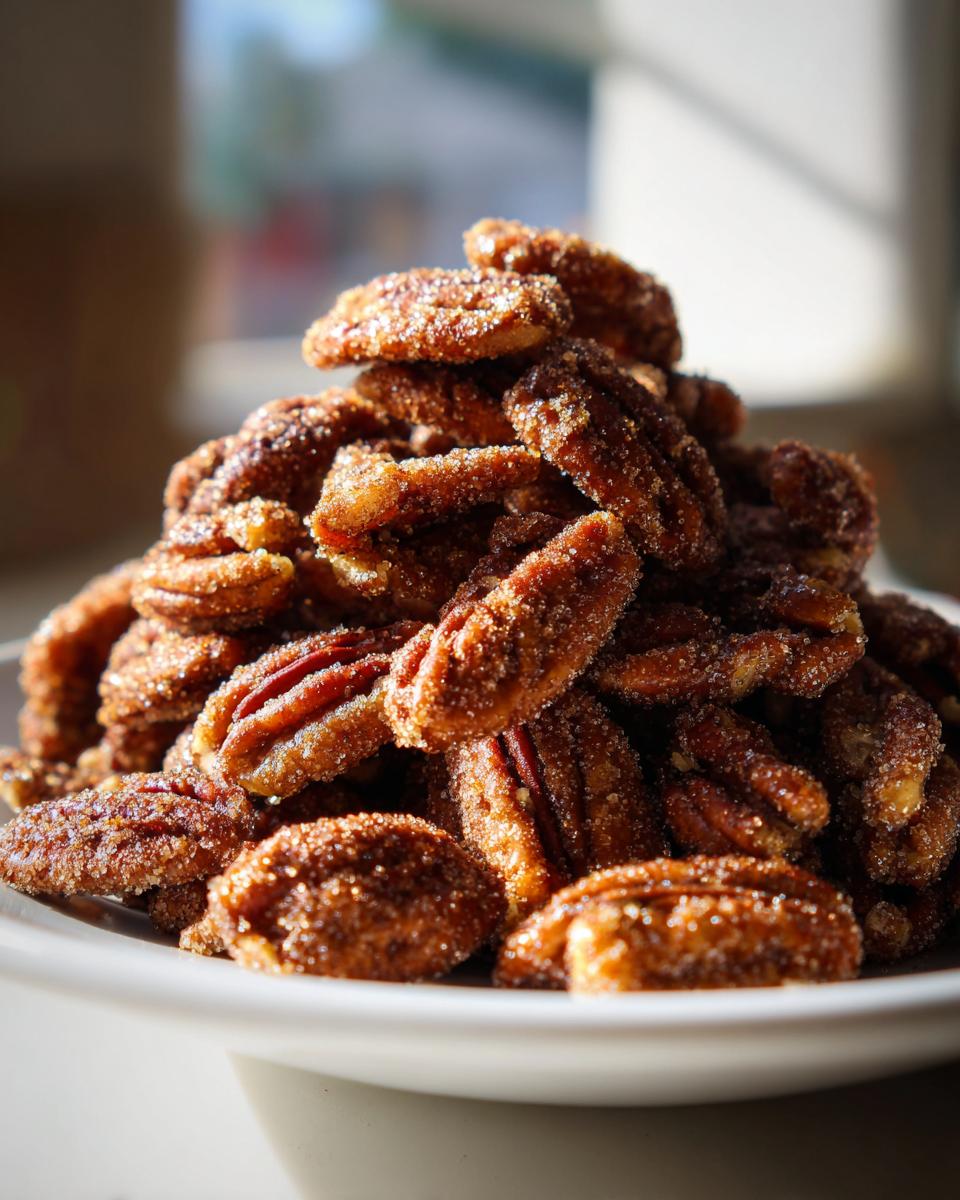 A close-up, sunlit mound of freshly made cinnamon sugar pecans piled high on a white dish.