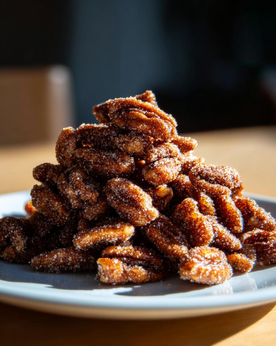 A close-up of a mound of glistening cinnamon sugar pecans piled high on a light blue plate.