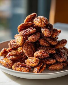 A tall pile of glistening cinnamon sugar pecans coated heavily in sparkling sugar crystals on a white plate.