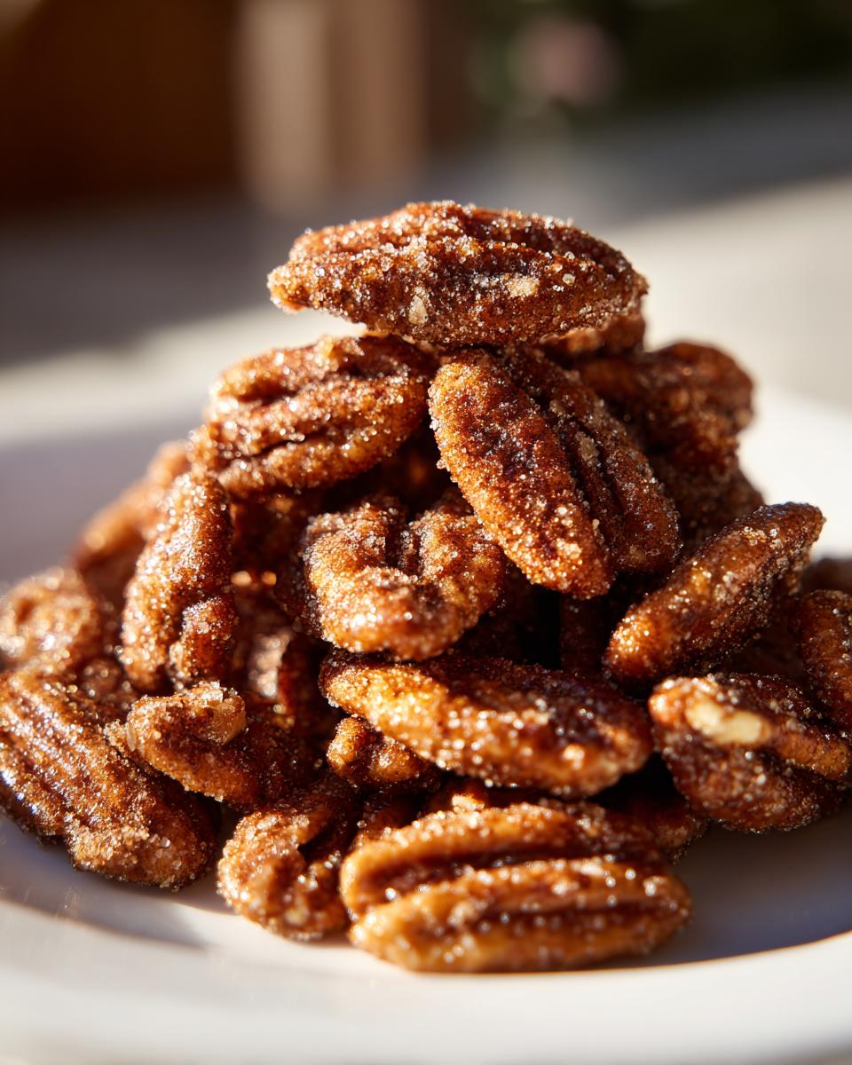 A close-up, appetizing pile of freshly made cinnamon sugar pecans glistening with sugar crystals.