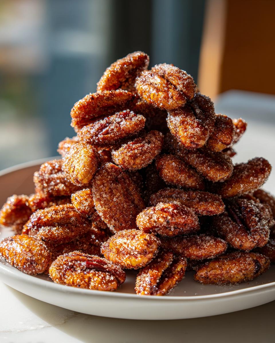 A tall pile of glistening cinnamon sugar pecans coated heavily in sparkling sugar crystals on a white plate.