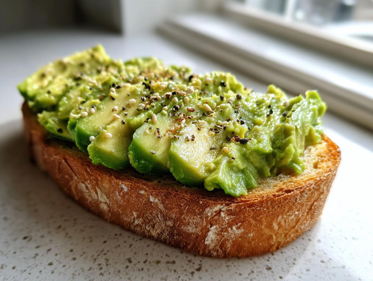 Close-up of a thick slice of toasted bread topped with mashed and sliced avocado, sprinkled with everything bagel seasoning for perfect avocado toast.