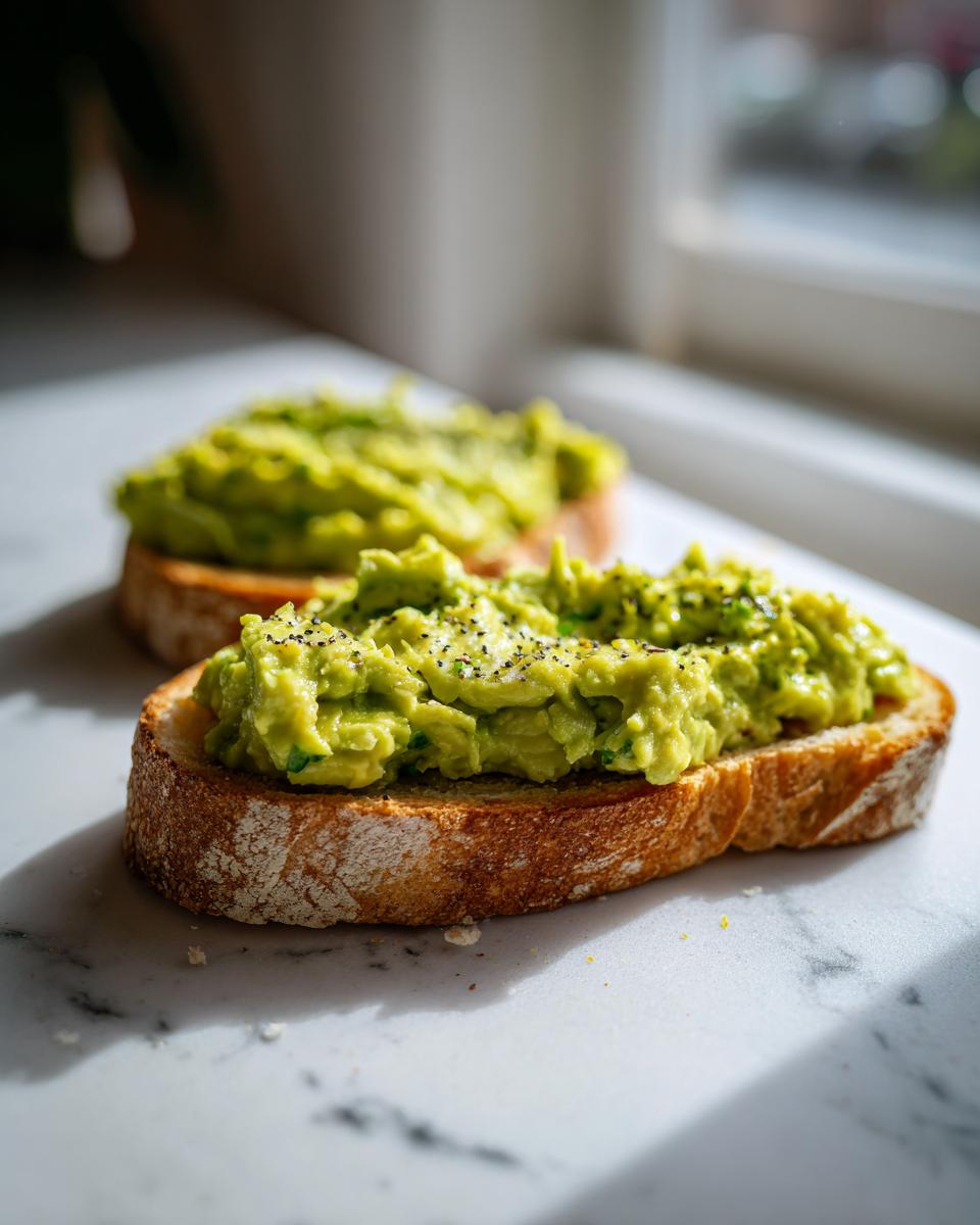 Two slices of rustic bread topped with chunky mashed avocado toast, seasoned with pepper.