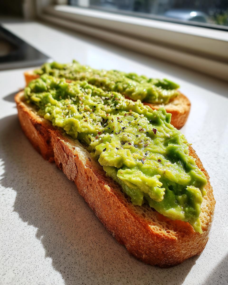 Two slices of golden brown toast topped generously with mashed avocado toast and sprinkled with seeds.