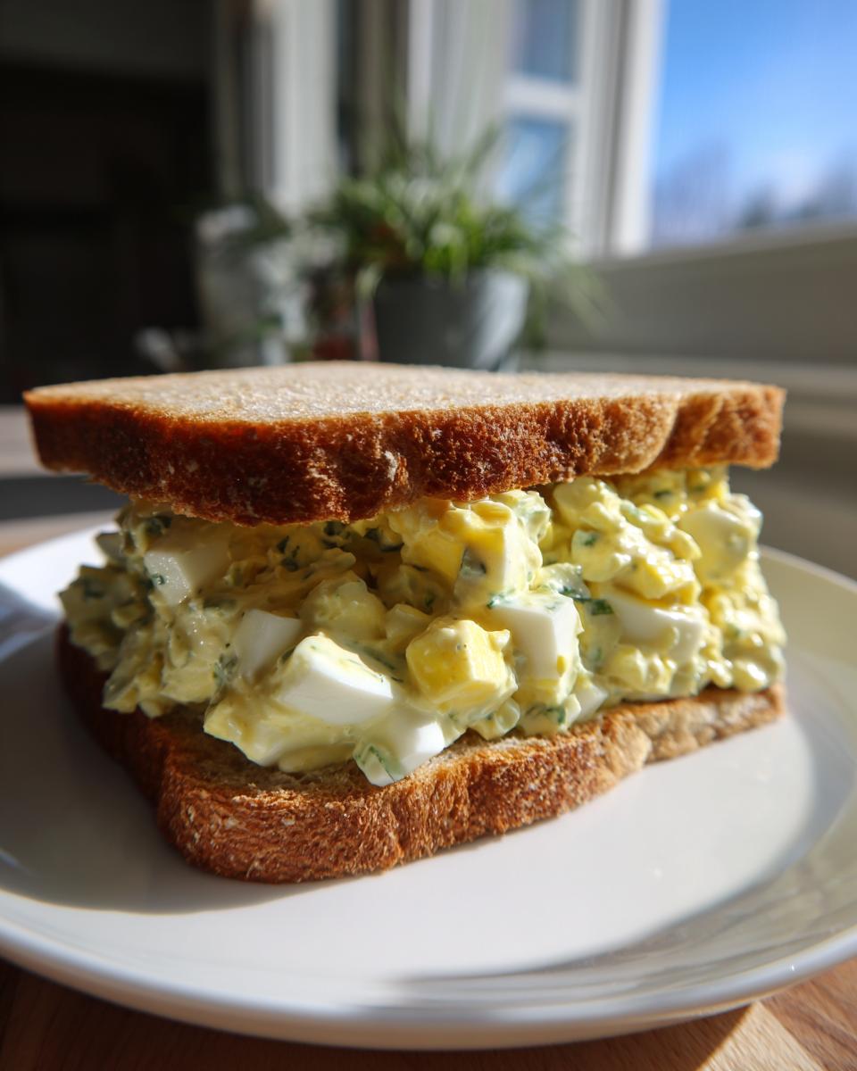A thick, generously filled egg salad sandwich on toasted whole wheat bread, served on a white plate.