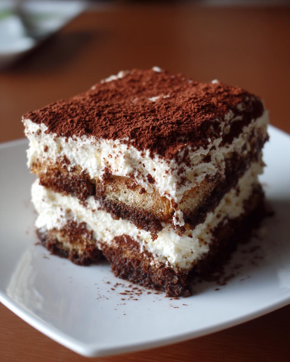 Close-up of a layered slice of tiramisu recipe dessert dusted heavily with cocoa powder.