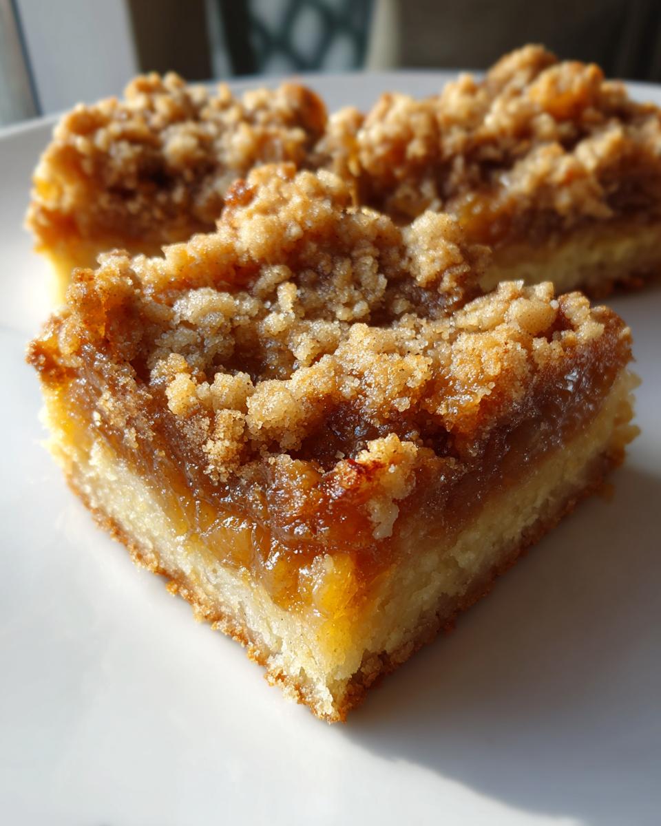 A close-up, angled view of a perfectly baked square of apple pie bars showing the thick apple filling and brown sugar crumble topping.