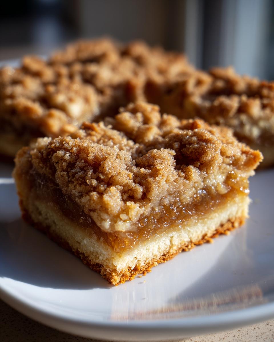 A close-up of a single serving of delicious apple pie bars showing the buttery crust, gooey apple filling, and thick streusel topping.