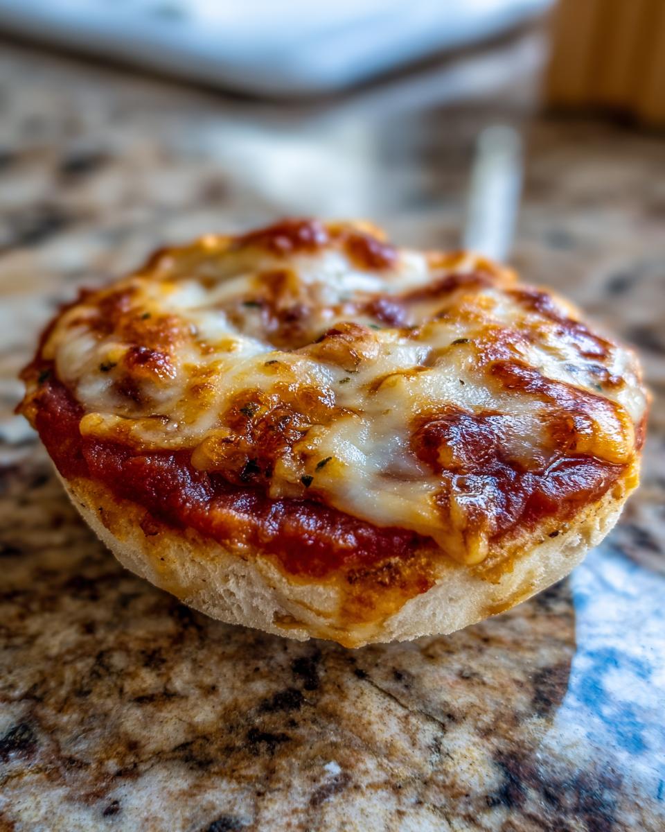 A close-up of a single, freshly baked english muffin pizza with melted, bubbly cheese and tomato sauce.