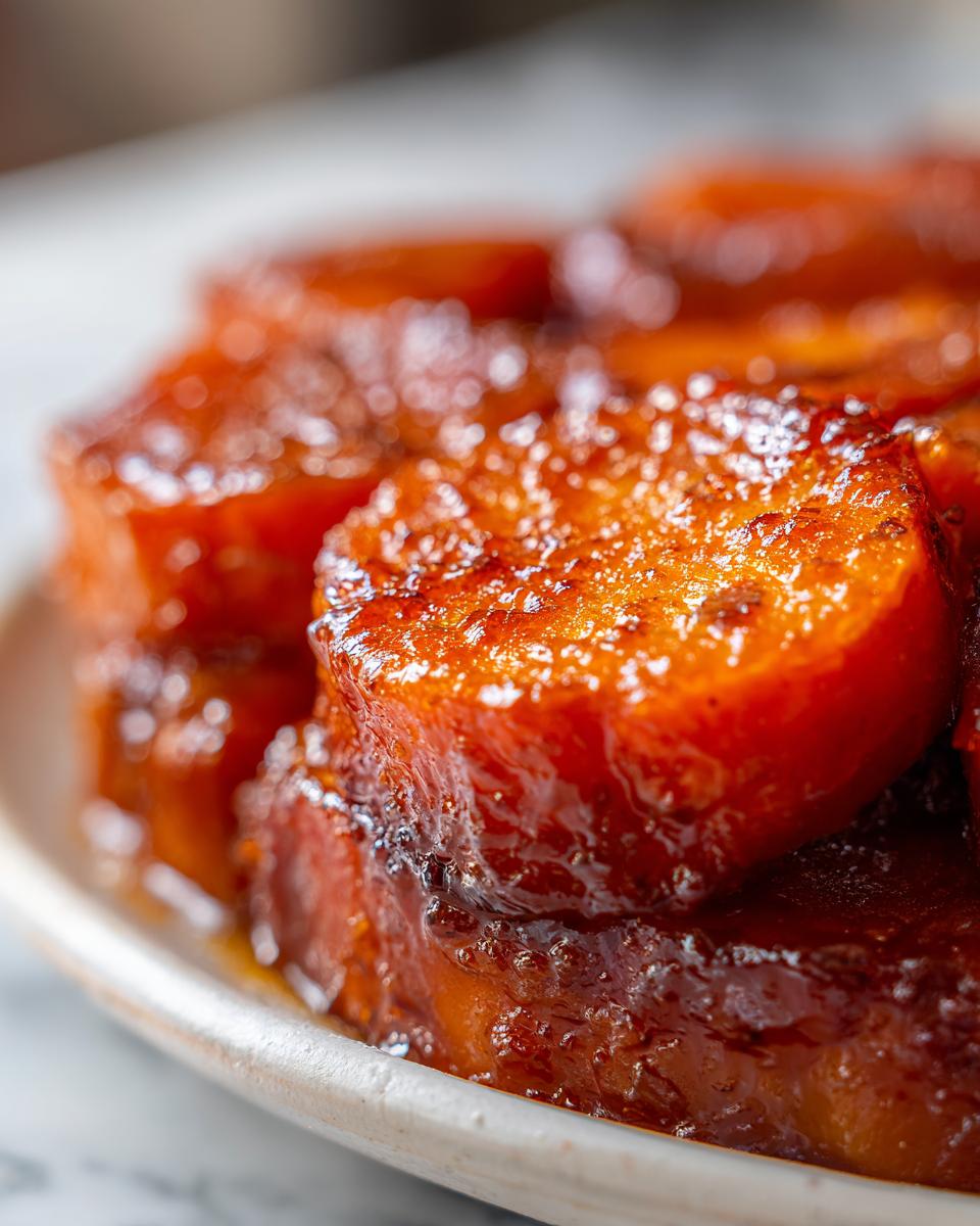 Macro shot of thick, round slices of candied sweet potatoes covered in a rich, glossy brown sugar glaze.