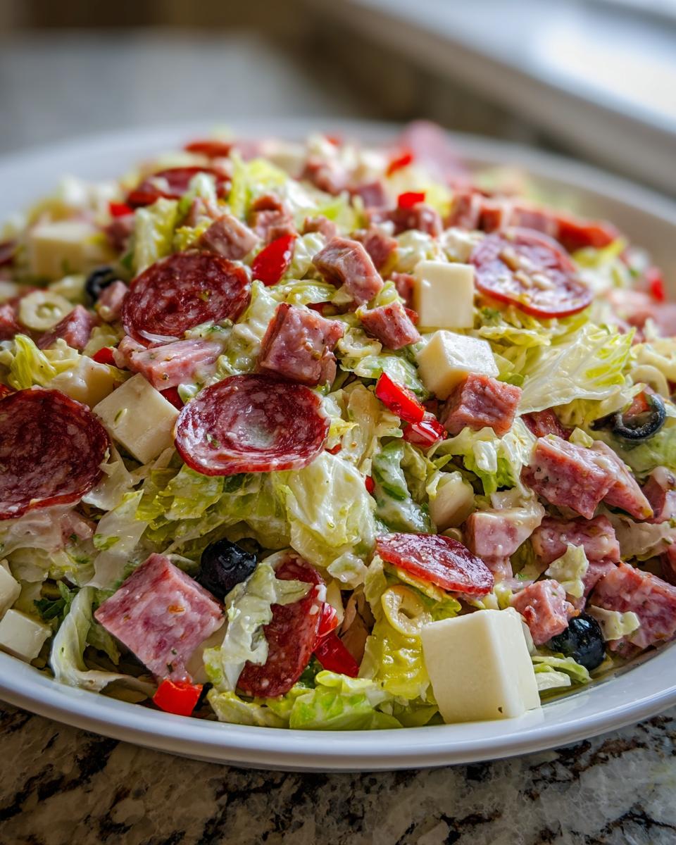 A close-up view of a hearty grinder salad featuring chopped lettuce, cubes of cheese, pepperoni, and diced meats.