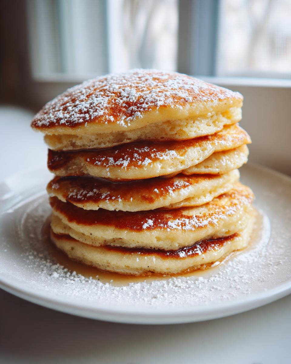 A tall stack of five fluffy coconut flour pancakes dusted with powdered sugar and drizzled with syrup.