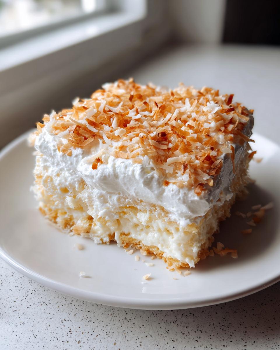 Close-up of a moist slice of coconut poke cake topped with whipped cream and toasted coconut flakes.