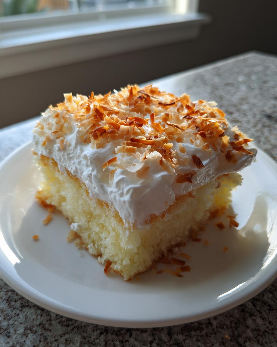 A square slice of moist coconut poke cake topped with whipped cream and toasted coconut flakes.