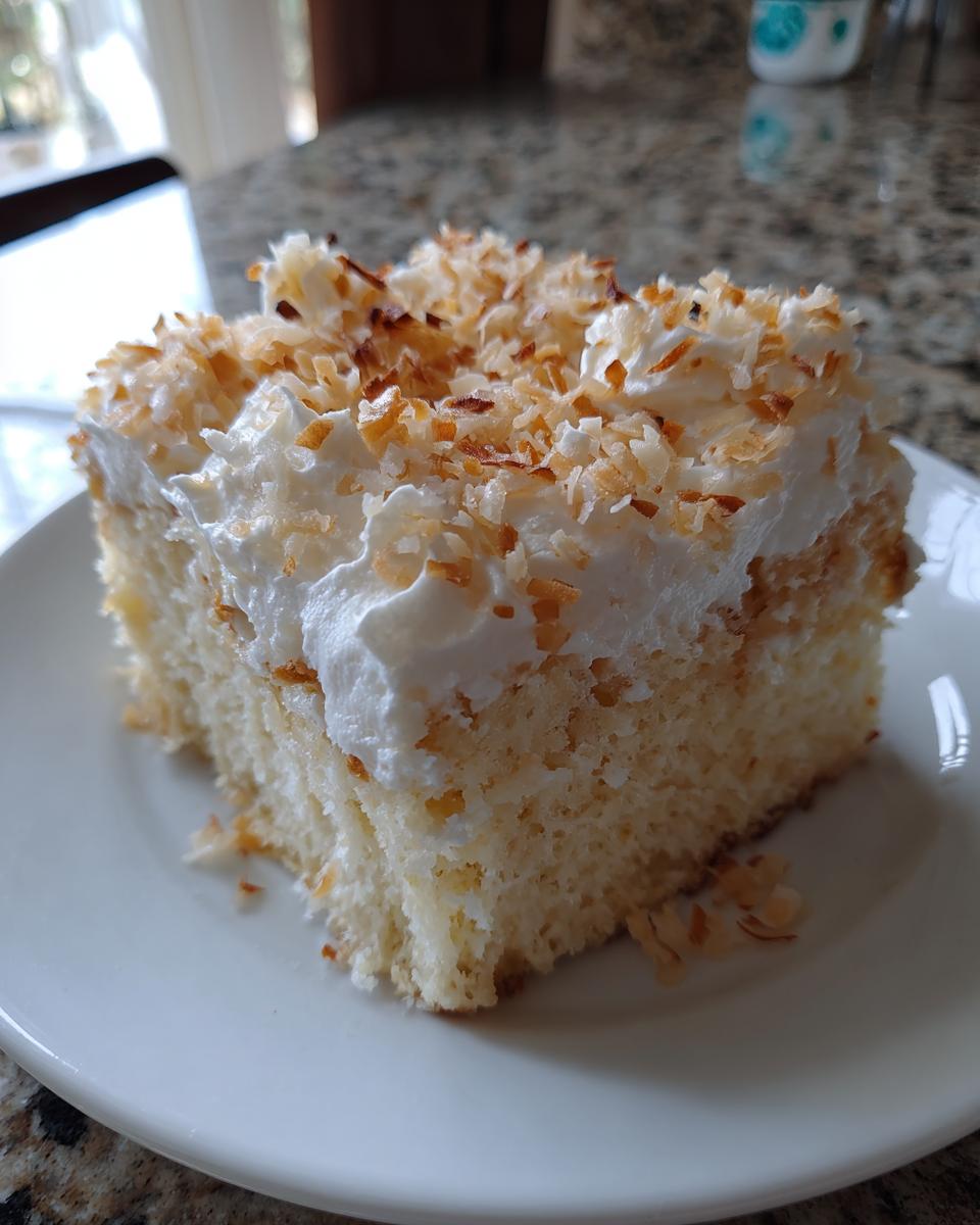 A square slice of moist coconut poke cake topped with whipped cream and toasted coconut flakes.