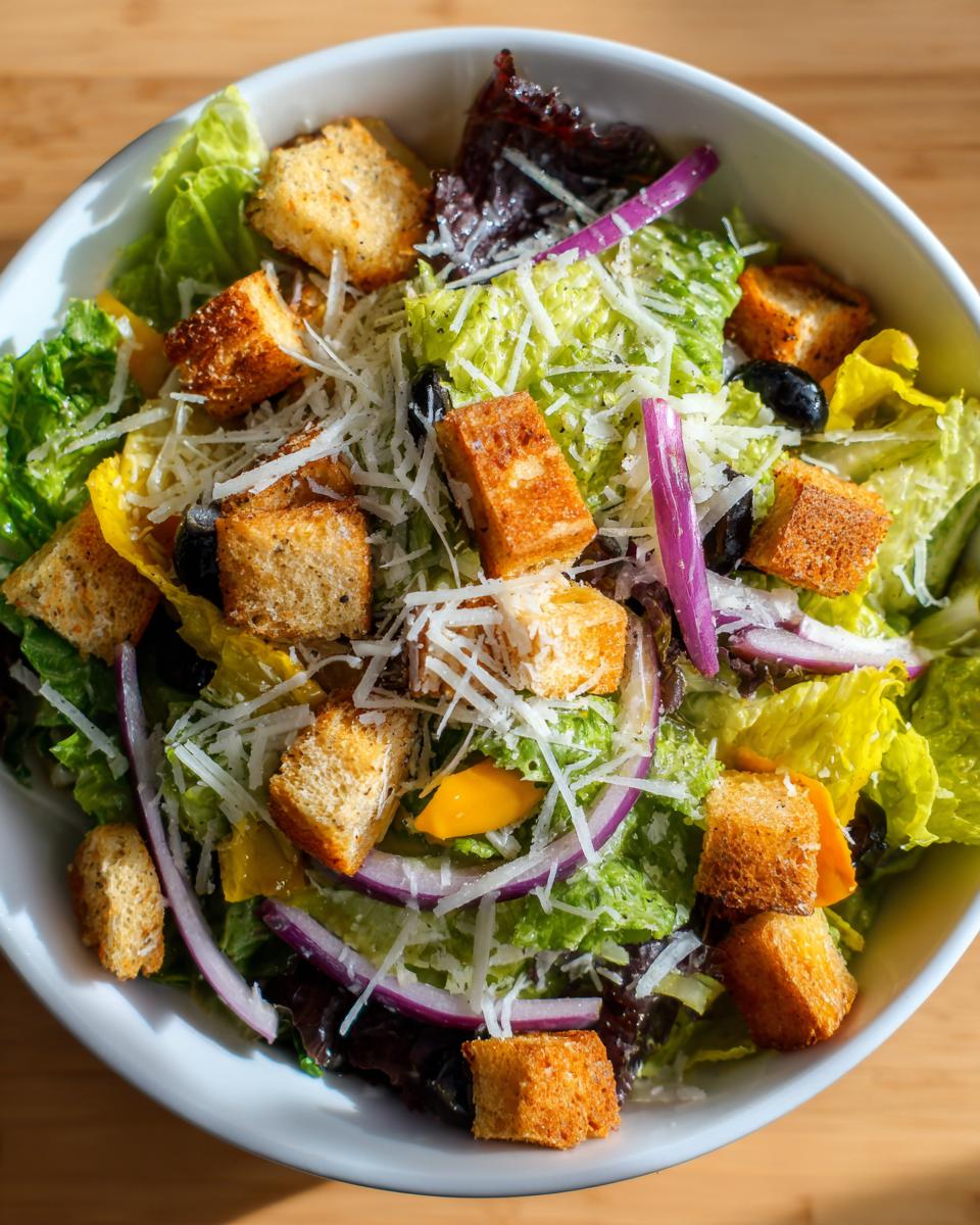 Overhead view of a bowl filled with copycat Olive Garden salad, featuring lettuce, croutons, red onion, and shredded Parmesan.