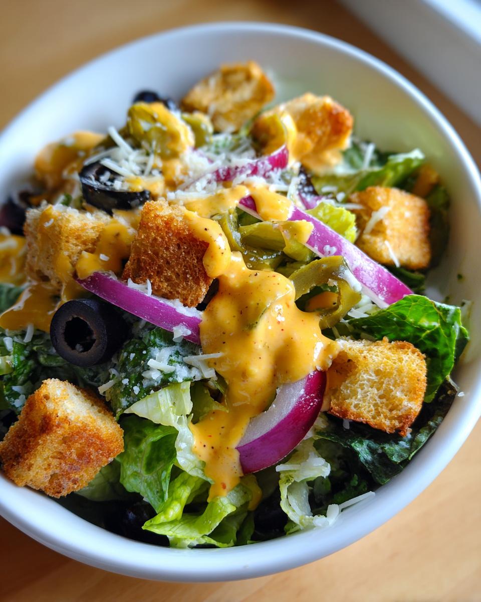 A close-up of a bowl filled with copycat Olive Garden salad, featuring lettuce, croutons, olives, red onion, and zesty Italian dressing.