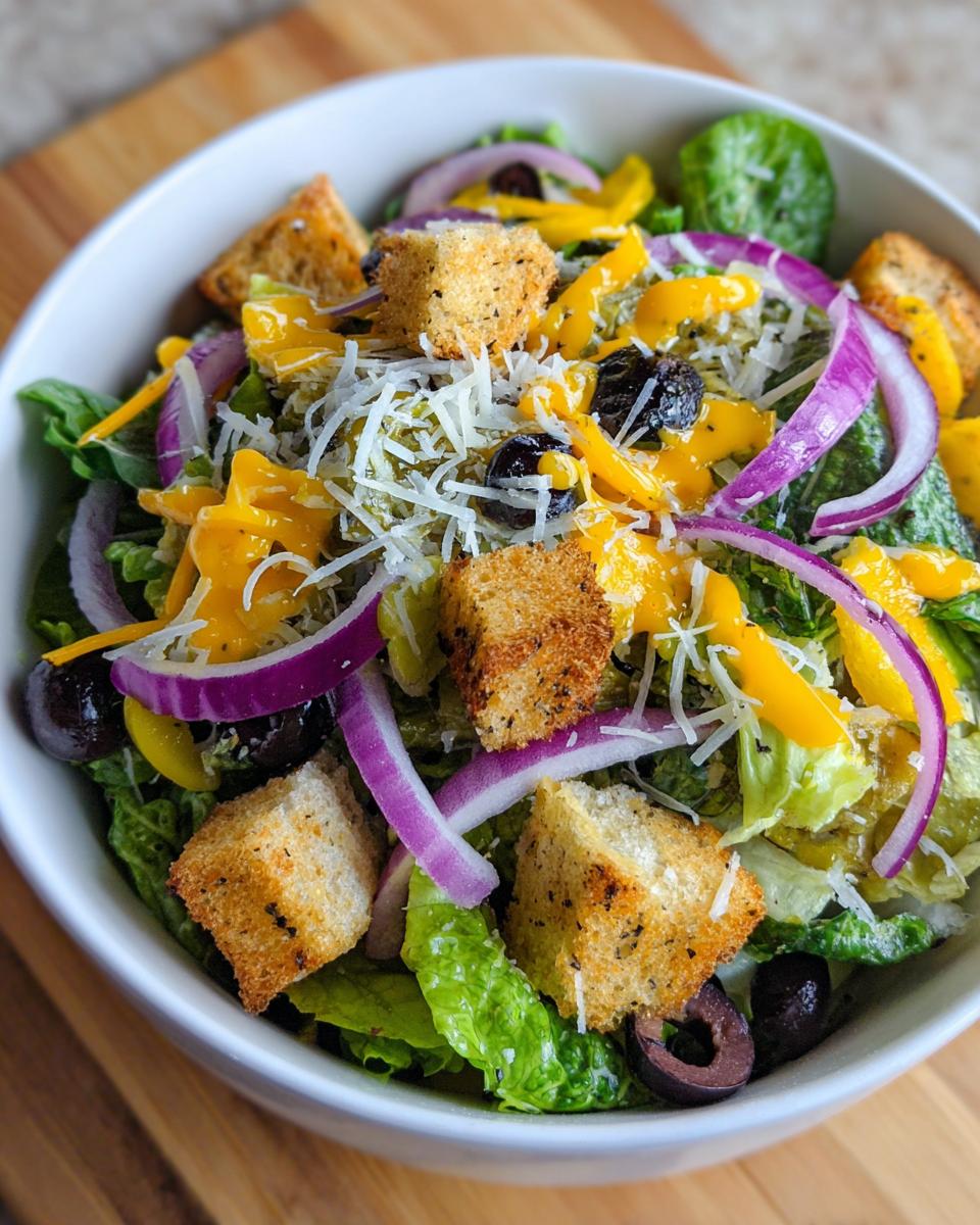 A vibrant bowl of copycat Olive Garden salad featuring romaine lettuce, croutons, red onion, and cheese.