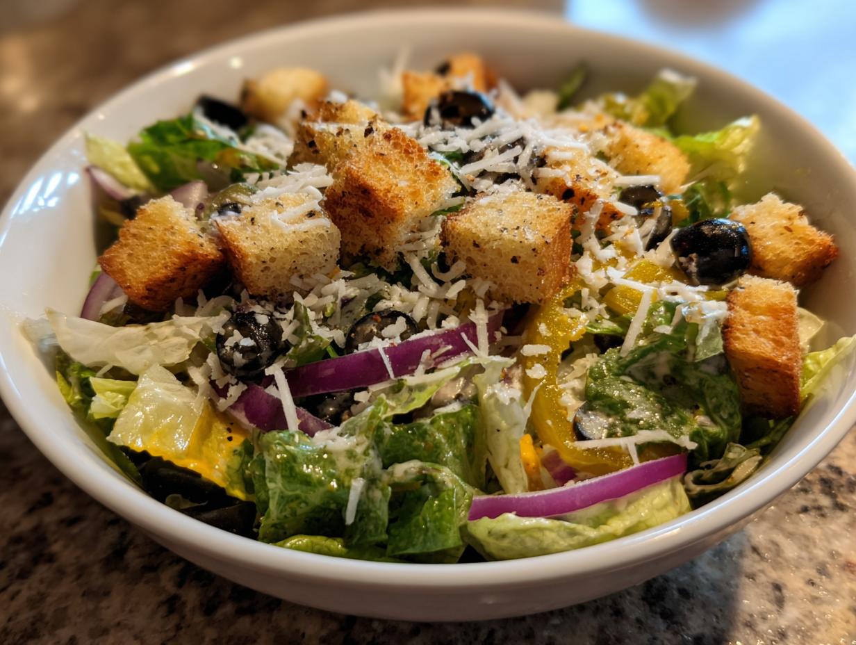 A close-up of a fresh copycat Olive Garden salad featuring lettuce, red onion, black olives, croutons, and grated cheese.
