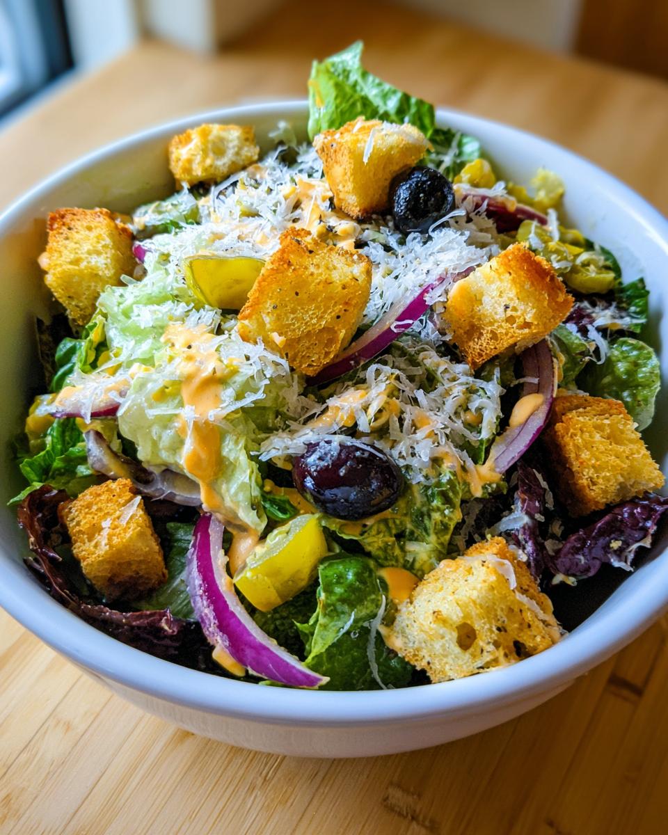 A bowl filled with copycat Olive Garden salad featuring crisp lettuce, red onion, olives, croutons, and creamy dressing.