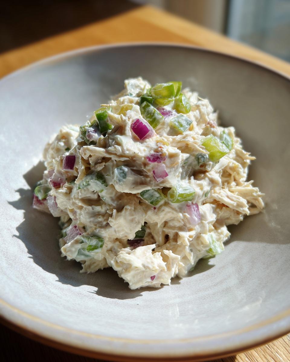 A scoop of creamy cottage cheese chicken salad mixed with diced green peppers and red onion in a light-colored bowl.