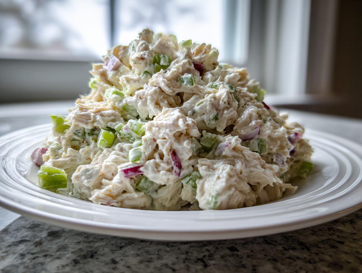 A generous mound of creamy cottage cheese chicken salad with visible chunks of celery and red onion on a white plate.
