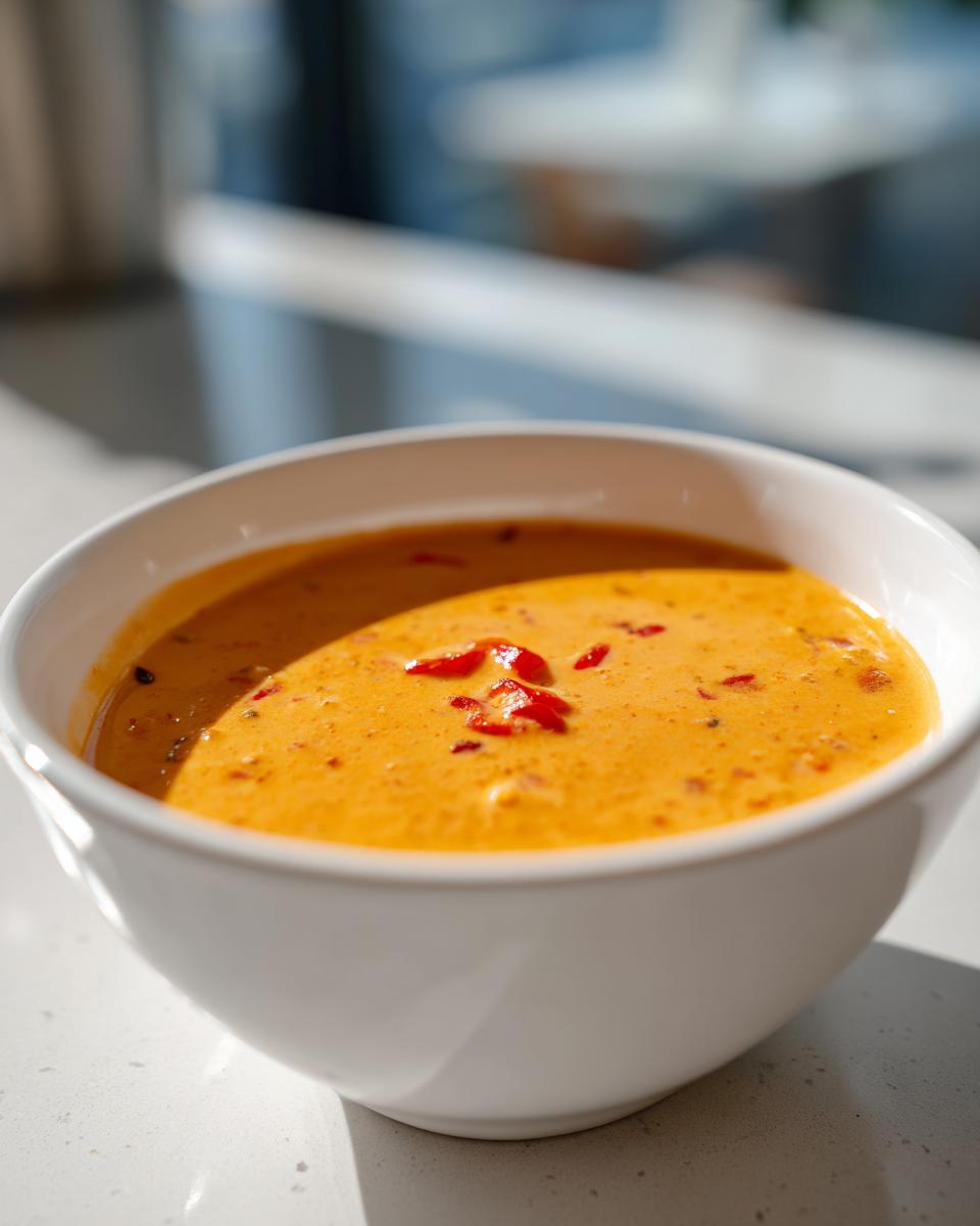 Close-up of a white bowl filled with creamy, orange cottage cheese queso topped with red pepper flakes.