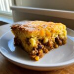 A close-up slice of cowboy cornbread casserole showing a moist, golden cornbread top over a savory chili filling with beans and corn.