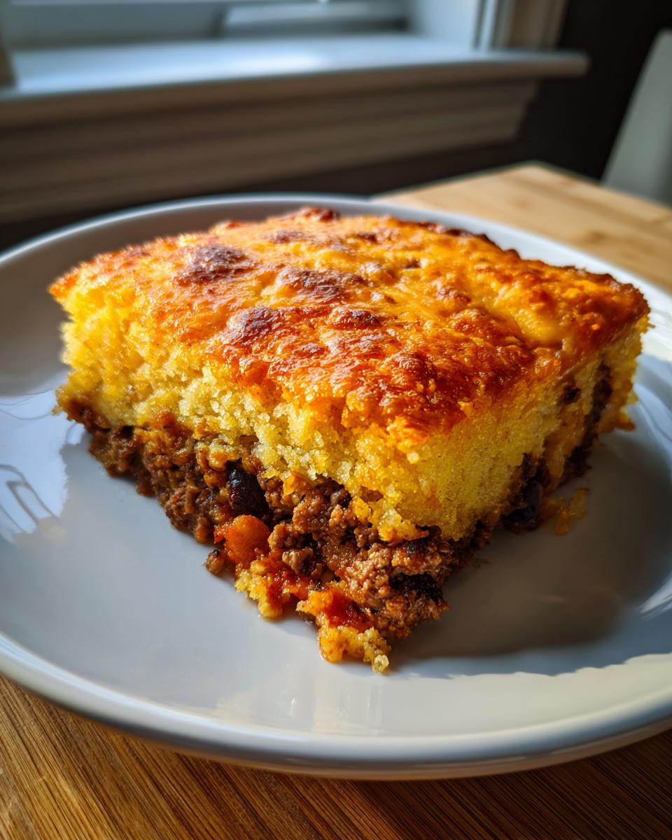 A thick slice of cowboy cornbread casserole featuring a golden baked top and savory meat filling.