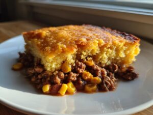 A hearty slice of cowboy cornbread casserole with a golden top layer over a savory ground meat and corn filling.