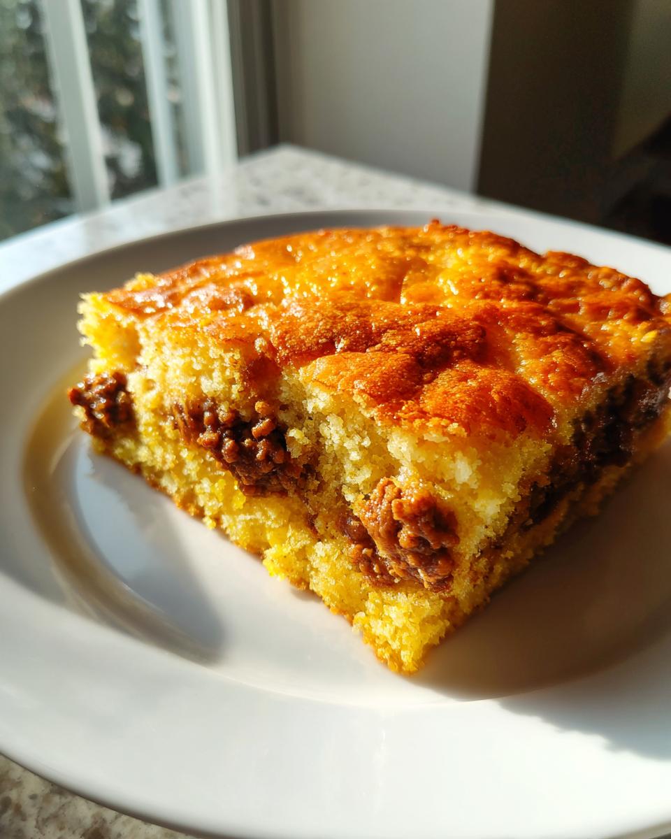 A square slice of golden cowboy cornbread casserole with visible savory filling served on a white plate.