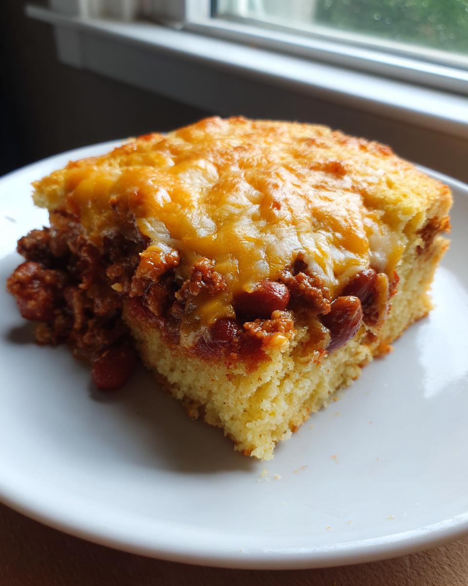 A square slice of cowboy cornbread casserole topped with chili and melted cheddar cheese on a white plate.