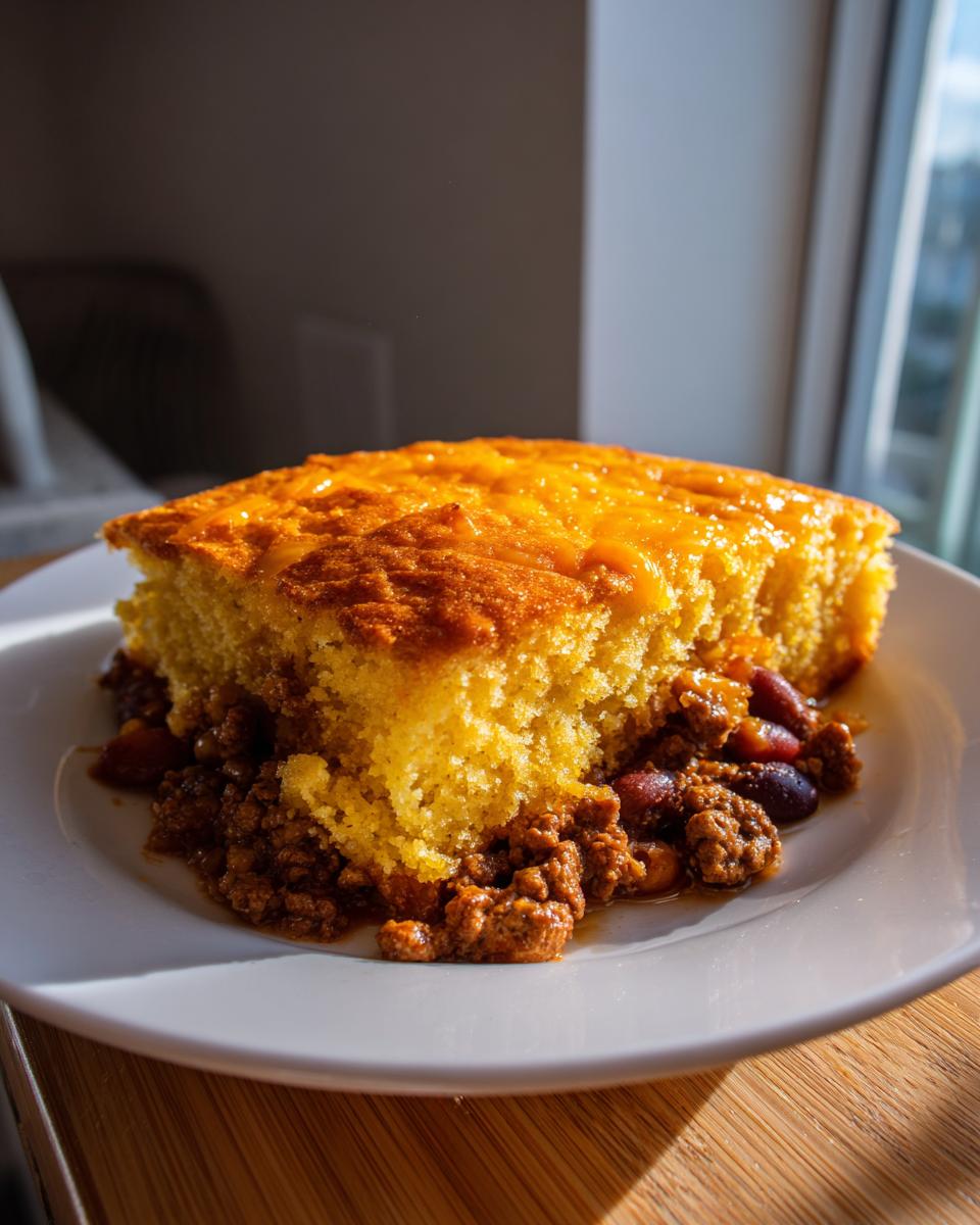 A thick slice of golden cowboy cornbread casserole topped with melted cheese, sitting over a bed of savory chili on a white plate.