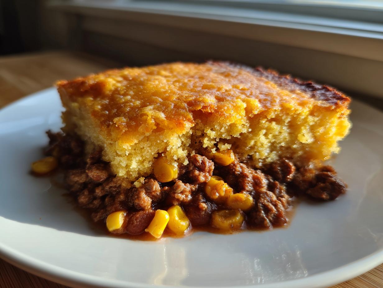 A hearty slice of cowboy cornbread casserole with a golden top layer over a savory ground meat and corn filling.