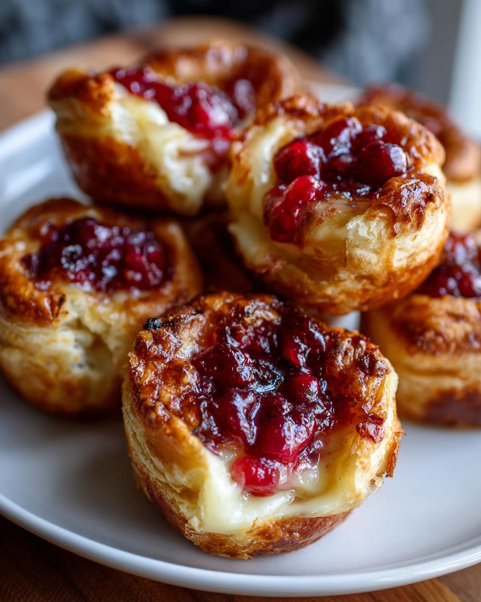 Close-up of several golden, flaky cranberry brie bites with melted brie and sweet cranberry topping.