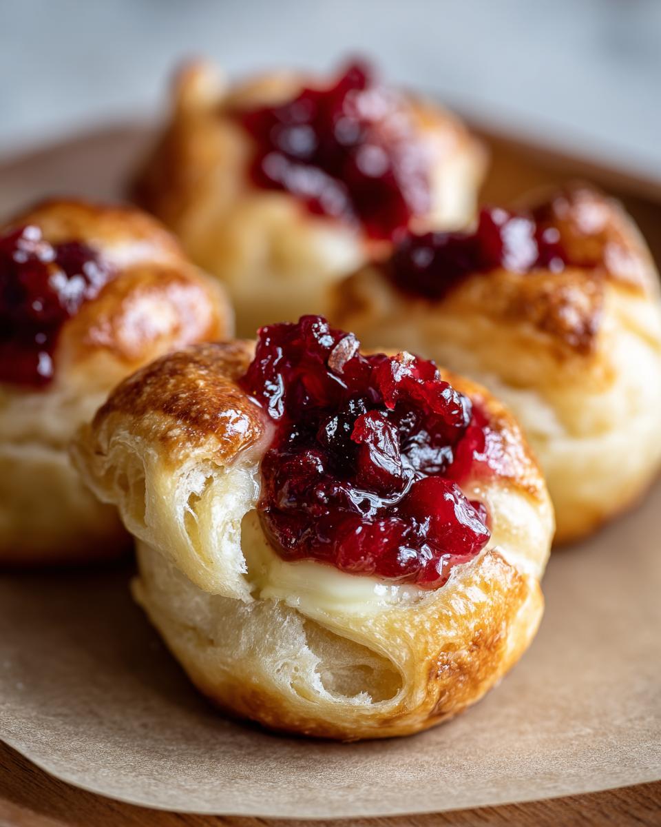 Close-up of golden baked cranberry brie bites topped with rich, dark red cranberry jam.