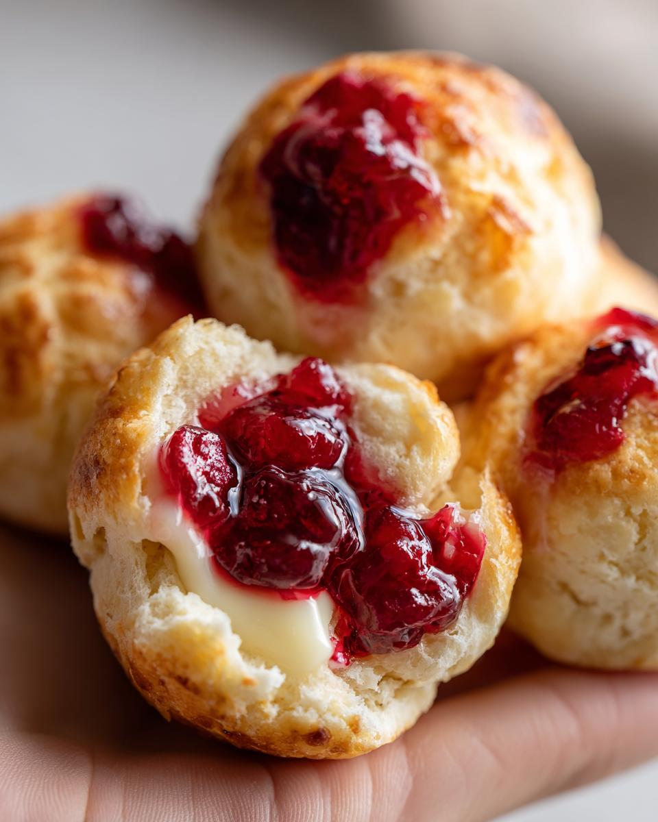 Close-up of warm cranberry brie bites, one split open showing melted brie and cranberry topping.