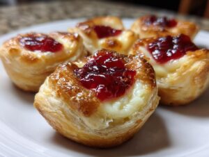 Close-up of several golden baked cranberry brie bites made with puff pastry, cheese, and bright red jam topping.