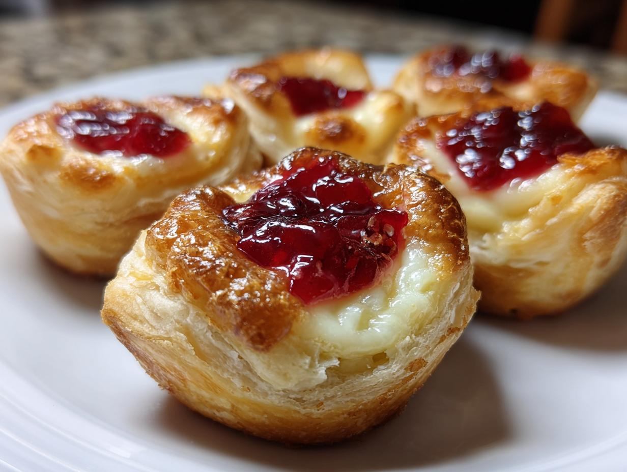 Close-up of several golden baked cranberry brie bites made with puff pastry, cheese, and bright red jam topping.