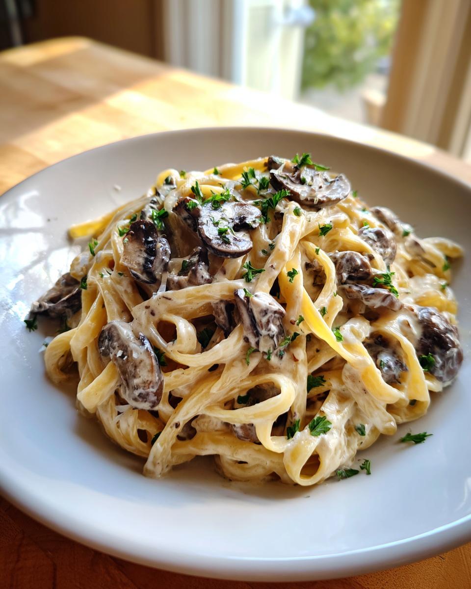 A close-up of creamy fettuccine pasta tossed with sautéed mushrooms, forming a delicious mushroom pasta dish.