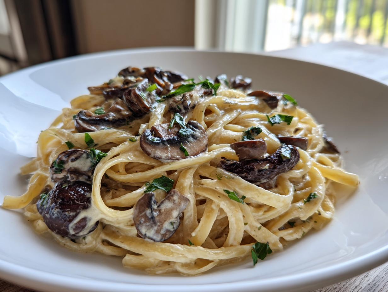 Close-up of creamy fettuccine mushroom pasta topped with sautéed mushrooms and fresh parsley.