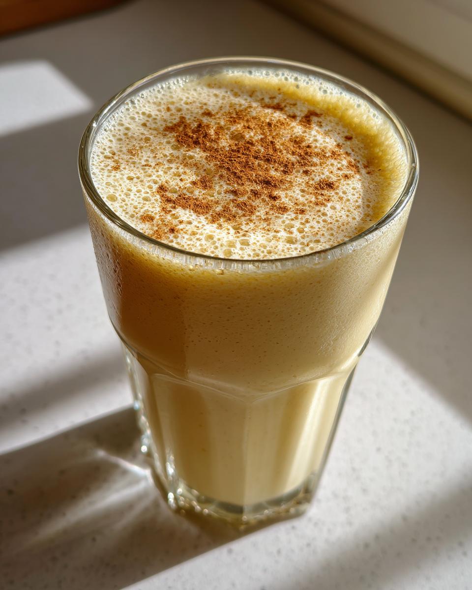 Close-up of a thick, creamy banana smoothie in a glass, topped with foamy texture and a sprinkle of cinnamon.